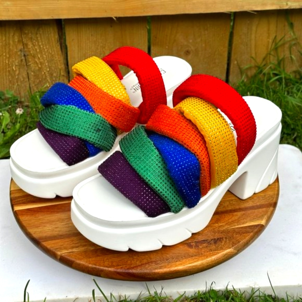 Cape Robbin Multi- Color Spandex Mid Block Heels Rhinestone Trim Sandals